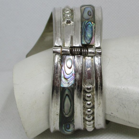 Wide ABALONE MEXICAN SILVER Clamper Mexican Cuff Bracelet Marked Alpaca Mexico - Picture 11 of 11